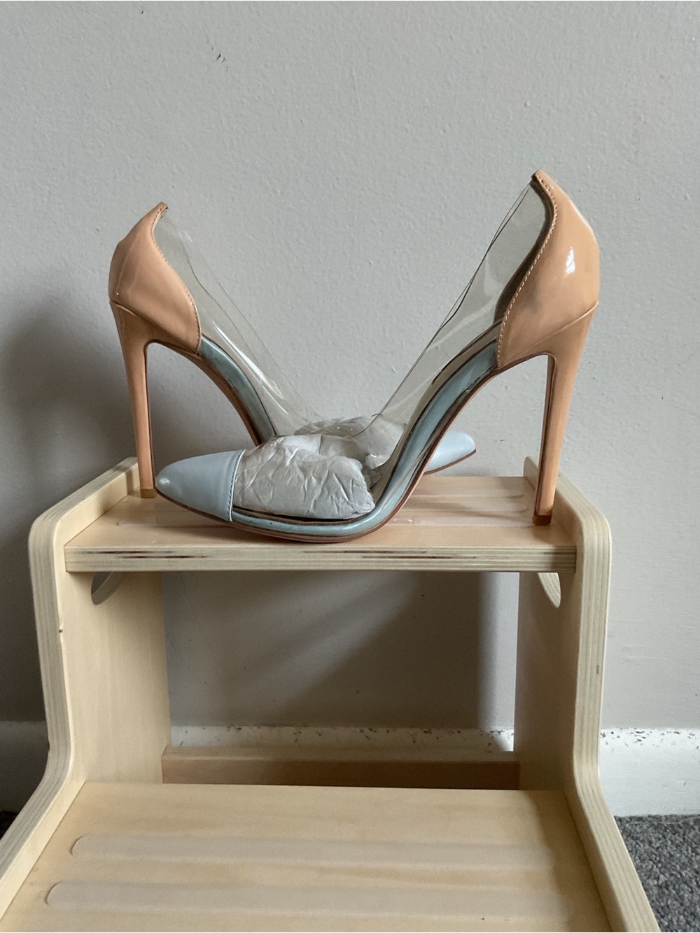 Patent Nude Pointed-Toe Stiletto Pumps with Clear Sides